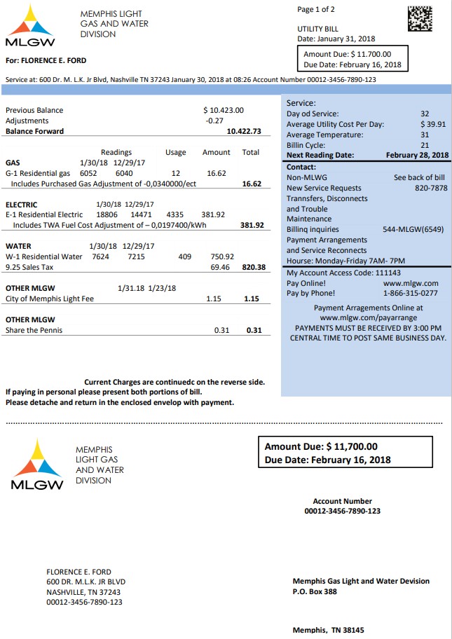 USA Tennessee MLGW utility bill template in Word and PDF format
